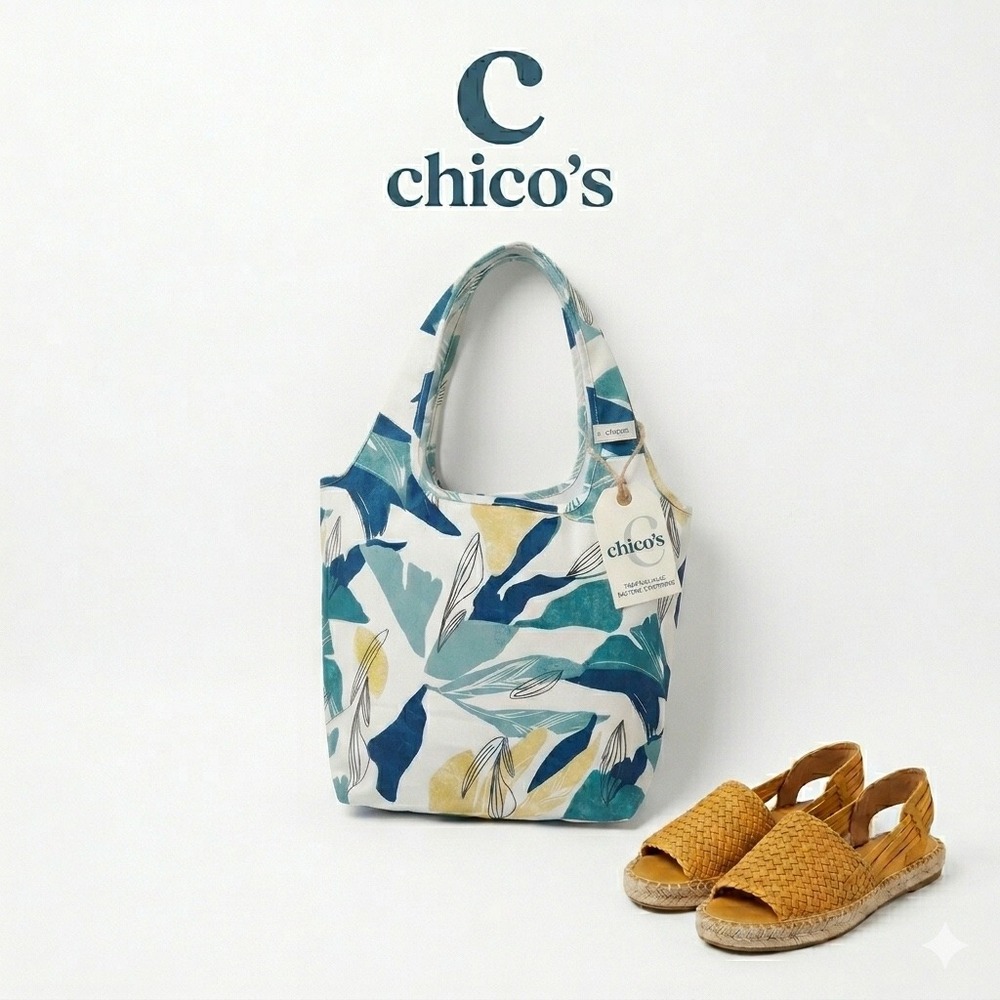 NWT Chicos Blue Yellow Tropical Leaf Print Reusable Zippered Big Tote Lunch Bag